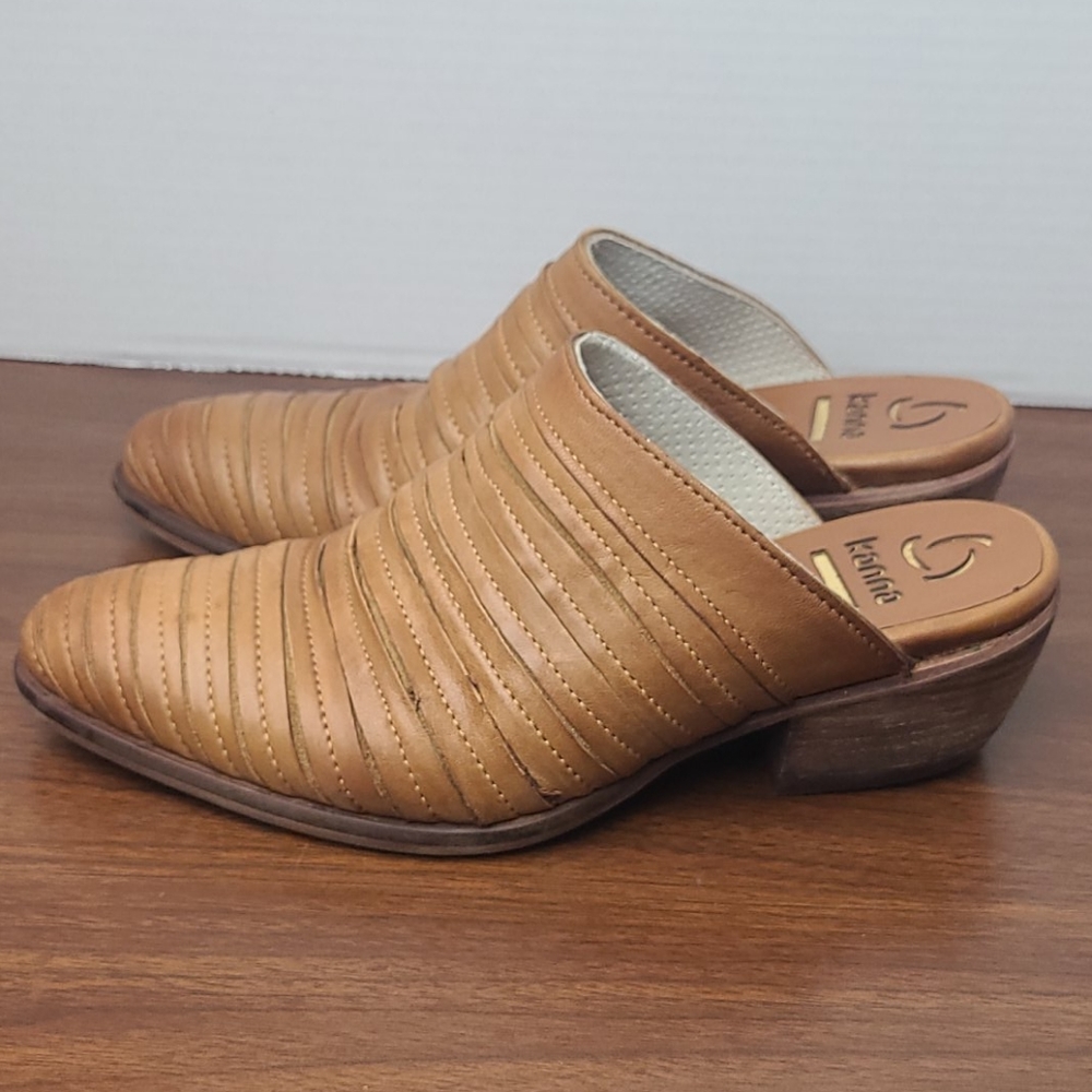 Tan Leather Heeled Mule Slides 7